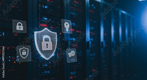 Cybersecurity shield with illuminated icons symbolizing data protection against the backdrop of a server room. It evokes a sense of digital defense and safeguarding information.