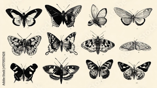 Twelve black and white butterfly/moth illustrations arranged on a cream-colored background