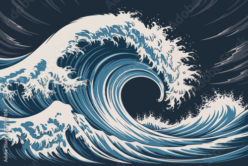 Powerful ocean wave crashing with white foam under a dark sky