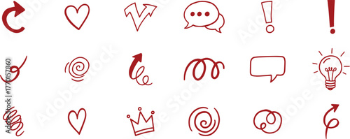 Collection of hand drawn red icons and symbols isolated on a transparent background, including arrows, hearts, speech bubbles, and a lightbulb