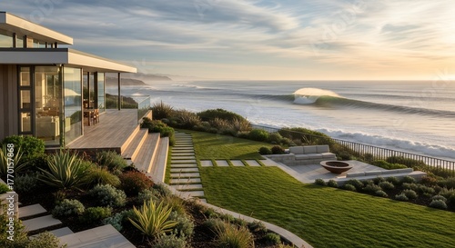 Luxury coastal home with modern architecture and manicured lawn overlooking the ocean wave, concept for high-end property marketing, architectural design showcase and upscale vacation rentals