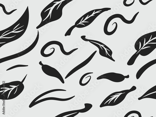 black leaves and swirling organic shapes forming a seamless abstract pattern, ideal for modern wallpaper, textile, or graphic design.