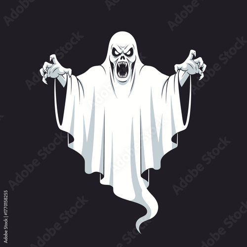 A menacing white ghost with a terrifying scream and clawed hands emerges from the darkness, evoking fear and supernatural horror.