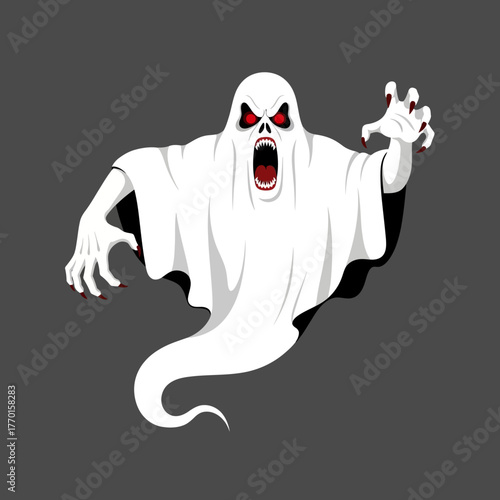 A terrifying, white ghost with glowing red eyes and sharp claws emerges from the darkness, embodying Halloween fright and supernatural horror.