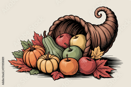 Cornucopia overflowing with autumn harvest fruits and vegetables