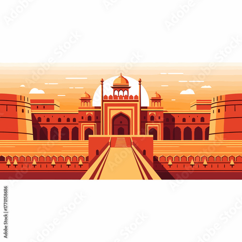A stylized illustration of a grand red-orange Mughal-style fort entrance with a central dome and a long pathway.
