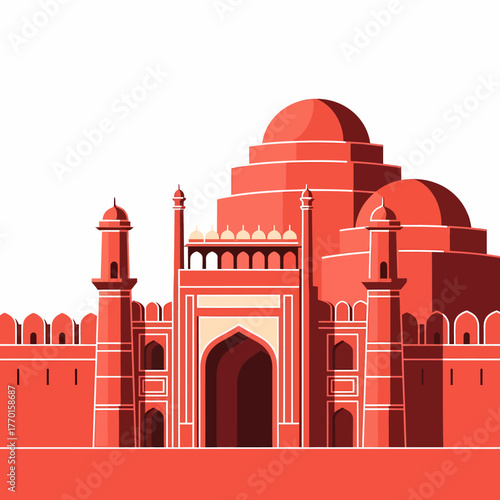A stylized illustration of a grand red sandstone fort with intricate architectural details and minarets against a white background.