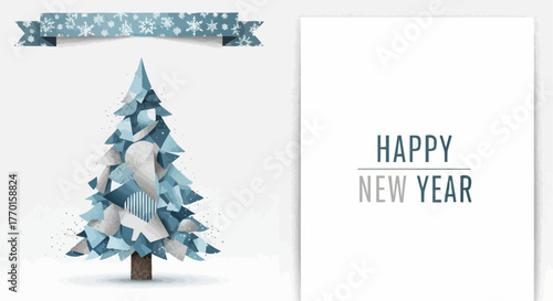 Modern Vertical Christmas and New Year Greeting Card Set with Stylized Pine Tree and Decorative ElementsChristmas, NewYear, greeting, card, vertical, modern, design, pine, tree, stylized, holiday, fes
