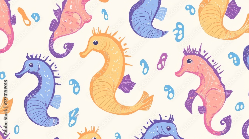 Fototapeta premium 43.Cute and colorful seamless pattern featuring cartoon doodle seahorses, drawn in flat design with soft outlines, bringing a joyful sea animal theme to stickers, wallpapers, and playful designs.