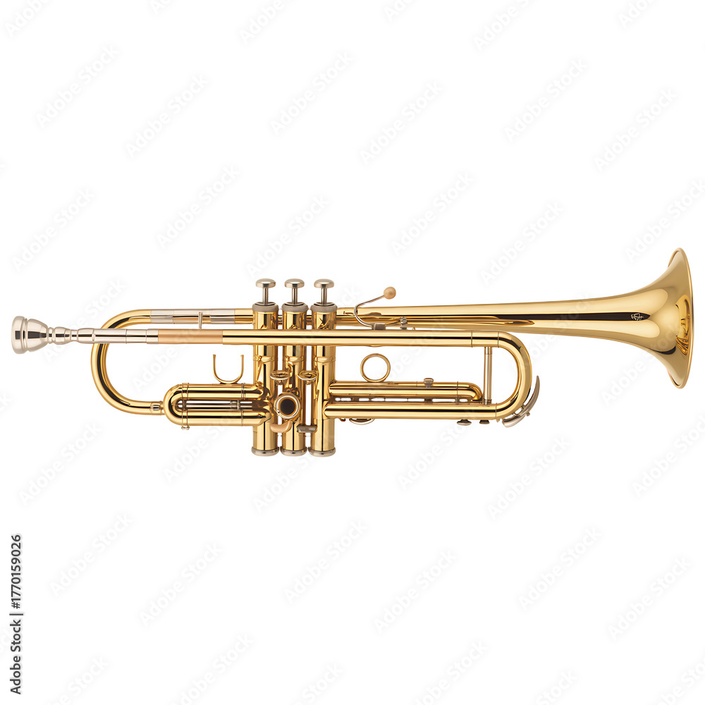 Obraz premium Trumpet brass musical instrument valve keys polished metal shiny golden valves and tubing