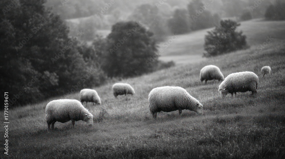 Fototapeta premium A grayscale photo of sheep grazing on a hillside in a pasture, rural scene