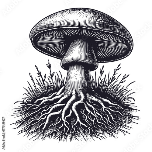 Hand-Drawn Mushroom Illustration with Roots⁠
