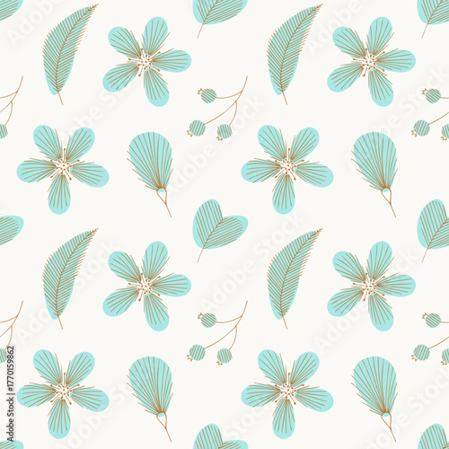 Doodle flowers pattern, gold and blue colors, stylized flowers and leaves, berryes. On white background.