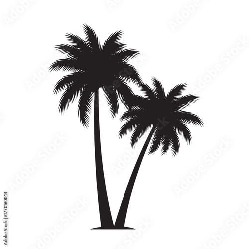 Minimalist black and white silhouette of palm trees tropical.