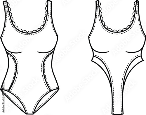 Cad drawing, flat vector illustration, one-piece swimsuit, scalloped edging, contour seams, scoop neckline, front view, back view, fashion sketch