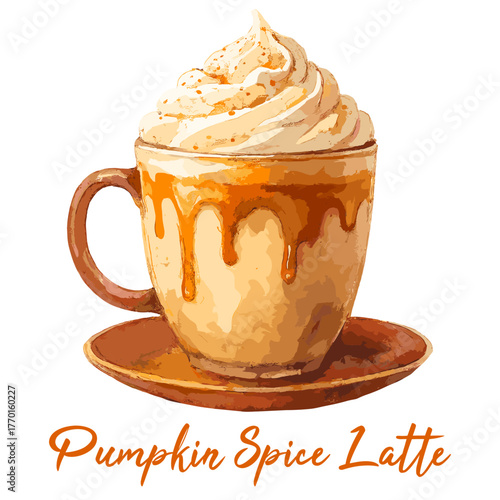 pumpkin spice latte in watercolor illustration style, isolated vector on transparent background