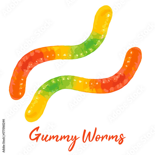 gummy worms candy in watercolor illustration style, isolated vector on transparent background
