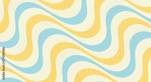 A retro-inspired abstract background with flowing yellow and blue wavy lines.