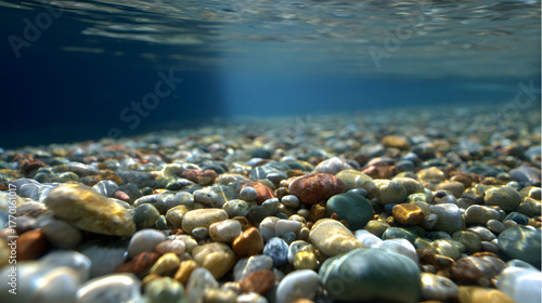 riverbed. Colorful pebbles on a riverbed under clear shallow water with sunlight refraction. ESG reports, sustainability campaigns, designed for environmental awareness campaigns.