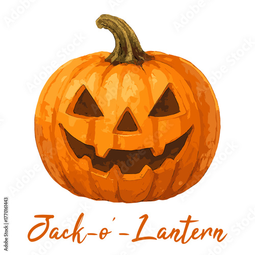 jack-o-lantern pumpkin in watercolor illustration style, isolated vector on transparent background