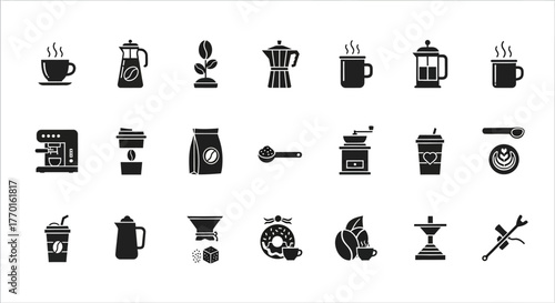 Collection of coffee brewing method icons. Vector glyph set showing cafe equipment, barista tools, and beverage symbols for design