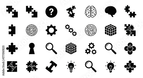 A collection of black glyph icons symbolizing concepts of strategic thinking, problem-solving, and devising creative solutions
