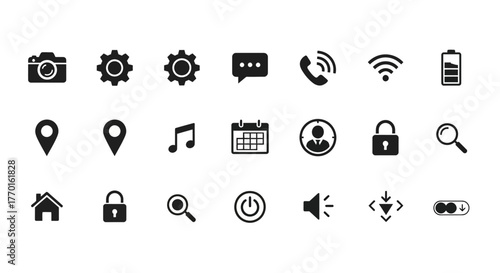 A comprehensive set of universal glyph icons for web and mobile user interface design, featuring common symbols for settings, navigation, and communication