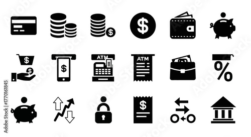 Collection of solid glyph icons representing finance, banking, and money management for web and mobile applications
