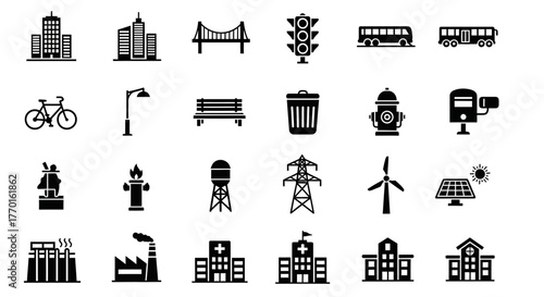 City life and urban infrastructure glyph icons set. A collection of vector symbols for transportation, buildings, and municipal services