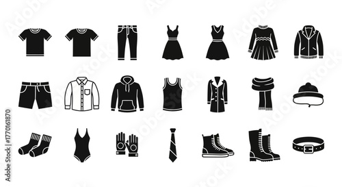 A monochrome glyph icon set of various clothing and apparel items. This collection includes vector symbols for shirts, pants, dresses, and winter accessories