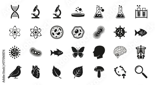 Biology and science icon set. A diverse collection of glyphs representing nature, anatomy, and laboratory research for various creative projects