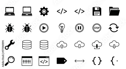 A versatile set of black line icons for software development, programming, and web design, symbolizing the tools and concepts of coding ingenuity and creative tech solutions