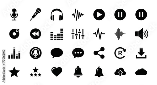 A versatile collection of solid black glyph icons for music, audio players, and user interface design. Vector symbols for web and mobile applications