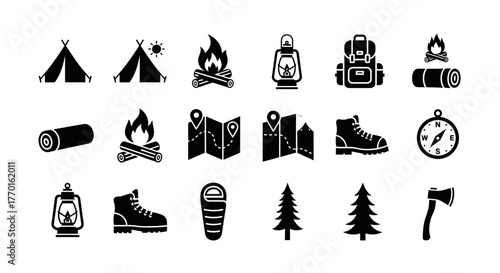 A versatile collection of black glyph icons depicting camping equipment, hiking essentials, and outdoor adventure elements for design projects