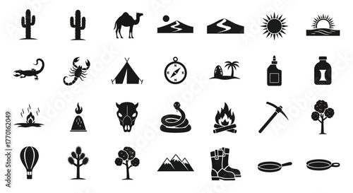 Wild West and Desert Survival Glyph Icon Set. Collection includes camel, cactus, scorpion, and camping elements
