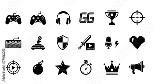 A versatile collection of monochrome gaming icons for creative projects, featuring controllers, weapons, and achievement symbols for UI/UX design