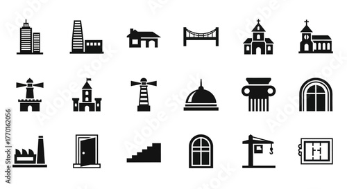Monochrome glyph icon set featuring diverse architectural structures, including city buildings, historical landmarks, and construction elements