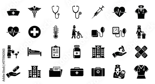 Ingenious set of black medical and healthcare glyph icons. A comprehensive collection of symbols for hospital, clinic, and patient care