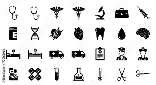A comprehensive collection of flat medical and healthcare icons for web and print design. This vector set includes various scientific and hospital symbols