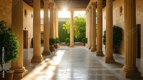 Open classical courtyard surrounded by tall columns, minimal sunlight filtering in