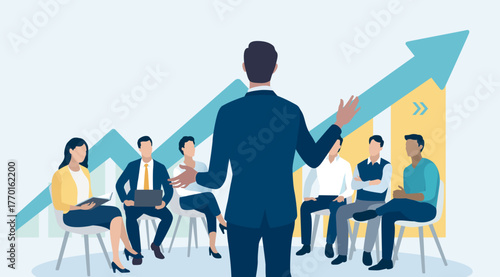  The leader. Presentation, vision, strategy .Discussing business plan. Vector flat illustration
