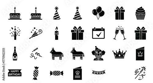 Collection of black solid icons for birthday party celebrations. Vector glyph symbols set including cake, gift box, balloons, and party hat for festive design