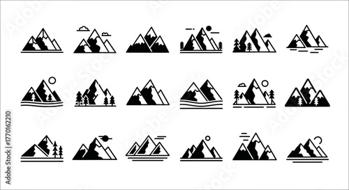 Minimalist mountain range vector icon set. A collection of simple black linear peak symbols for nature and adventure logo design