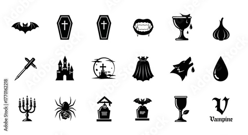 A set of vampire icons in a solid glyph style. Collection of gothic horror symbols including bat, coffin, castle, and dracula fangs for Halloween