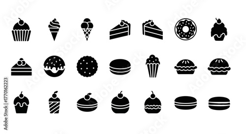Dessert and sweet food glyph icon set. A simple black and white vector collection of bakery, pastry, and confectionery symbols