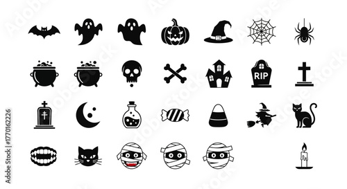 Spooky Halloween glyph icon set featuring classic horror symbols like bats, ghosts, skulls, and mummies. A versatile vector collection for holiday design