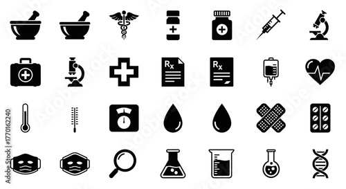 Medical icon set featuring glyphs for pharmacy, laboratory science, and healthcare. A crafted collection of vector symbols