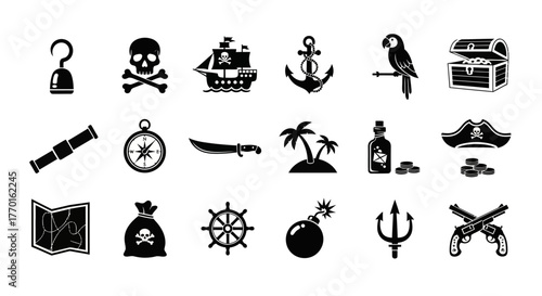 A comprehensive collection of pirate-themed icons in a solid black silhouette style, including symbols for adventure and treasure