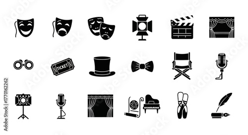 Symbols of the stage and screen, a monochrome iconographic representation of theater, film, and the performing arts