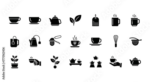A comprehensive set of solid black glyph icons representing tea time, brewing accessories, and cafe culture with an ingenious design